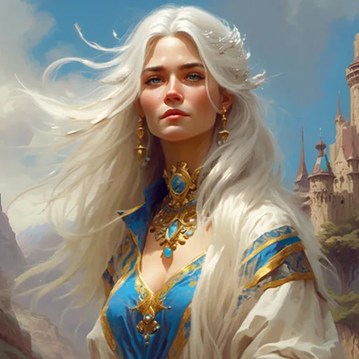 Prompt: <mymodel> Helena, 44, is a serene woman with long silver hair and piercing blue eyes that seem to shimmer with inner wisdom. She wears robes of white and gold adorned with symbols of Enchantment, and her presence exudes an aura of tranquility and peace. In the art style of Frank Frazetta.
