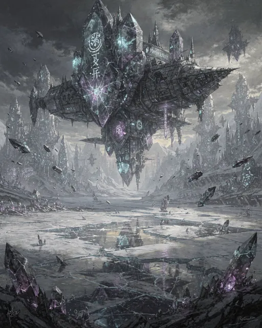 Prompt: Living crystal space ship, hovering above glacial plains, crystalline forests in background,
floating crystal shards, grounded dark-fantasy painting.

blurry, low detail, stiff posing, modern clothing, firearms, sci-fi, robots, anime, cartoon, distorted anatomy, extra limbs, warped armor, malformed weapons, text, watermark