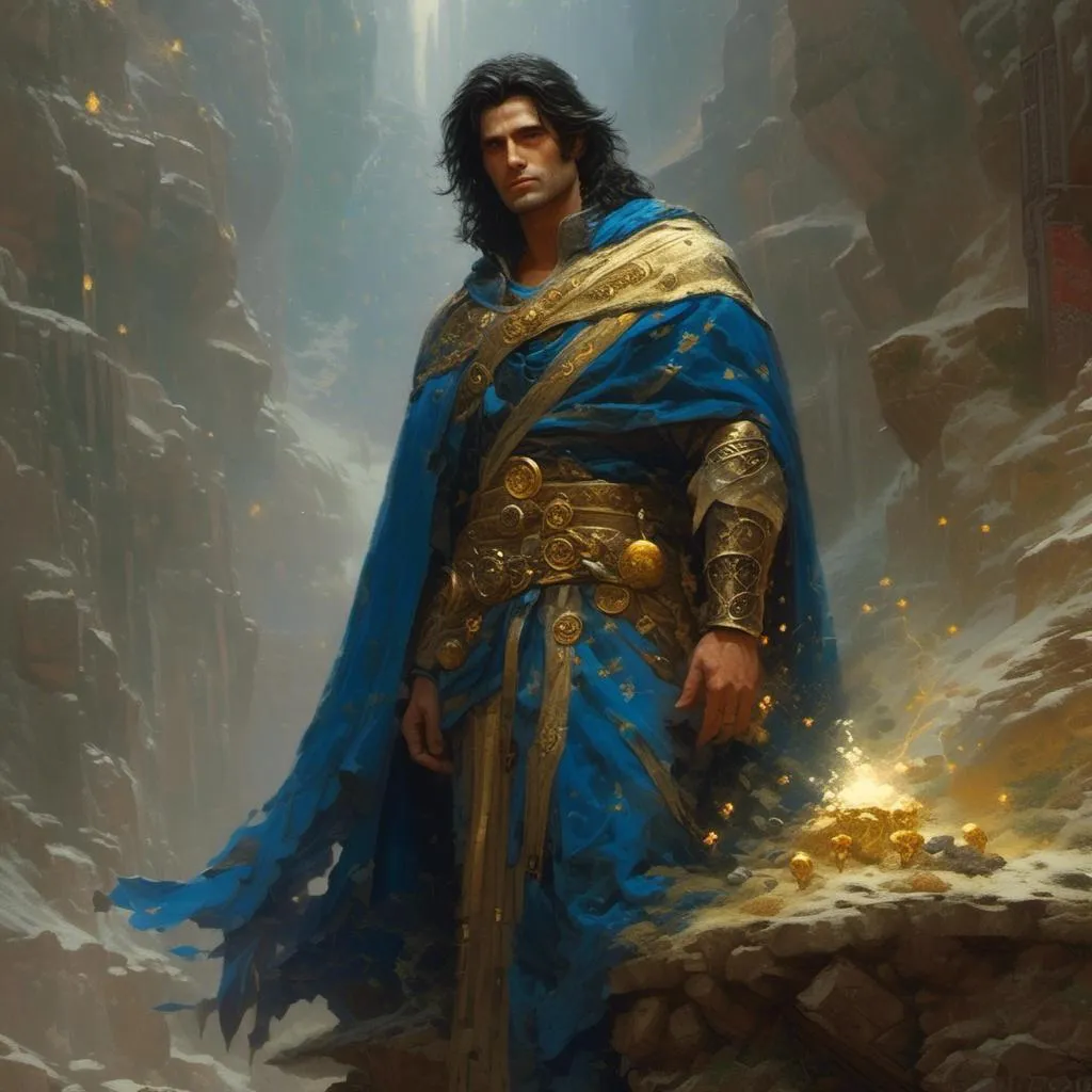 Prompt: <mymodel>Gabriel is a solemn man with dark hair and intense gray eyes that seem to pierce through the veil of darkness. He wears robes of blue and gold adorned with symbols of Enchantment, and his presence exudes an aura of inner strength and determination. in the art style of Frank Frazetta.