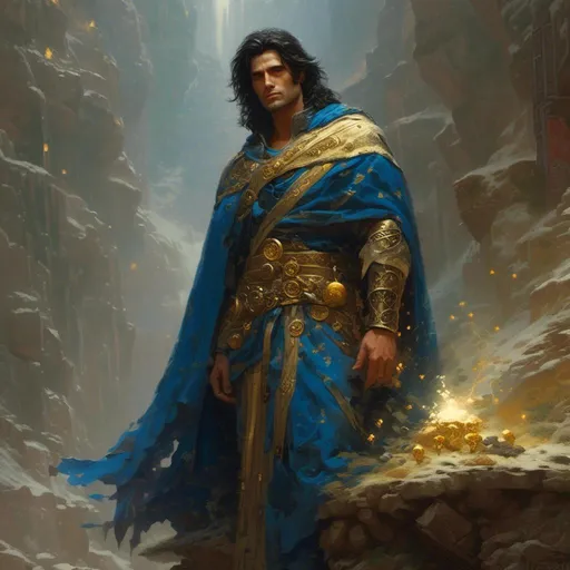 Prompt: <mymodel>Gabriel is a solemn man with dark hair and intense gray eyes that seem to pierce through the veil of darkness. He wears robes of blue and gold adorned with symbols of Enchantment, and his presence exudes an aura of inner strength and determination. in the art style of Frank Frazetta.