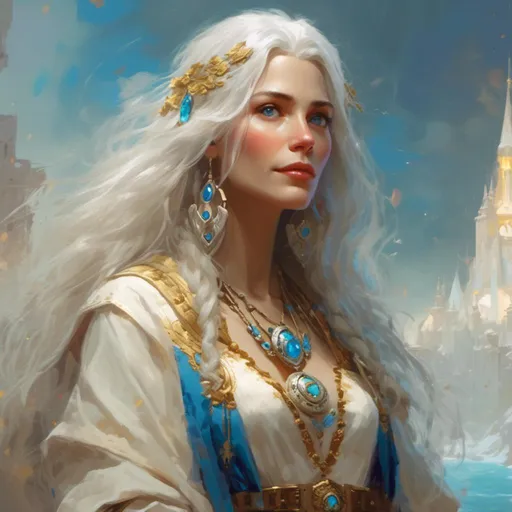 Prompt: <mymodel> Helena, 44, is a serene woman with long silver hair and piercing blue eyes that seem to shimmer with inner wisdom. She wears robes of white and gold adorned with symbols of Enchantment, and her presence exudes an aura of tranquility and peace. In the art style of Frank Frazetta.
