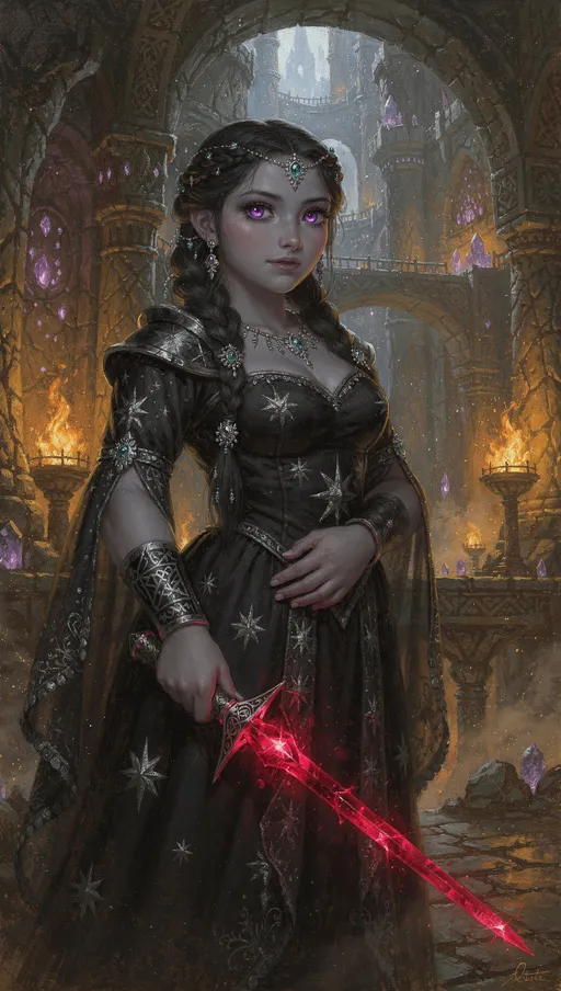 Prompt: A classic painting of a beautiful young dwarf princess. Slightly stocky build. She has dark grey skin and glowing violet eyes. She has long, braided black hair. She wears an elegant black dress with star motifs. She holds a thin sword with a blade made of ruby. The setting is an underground city.