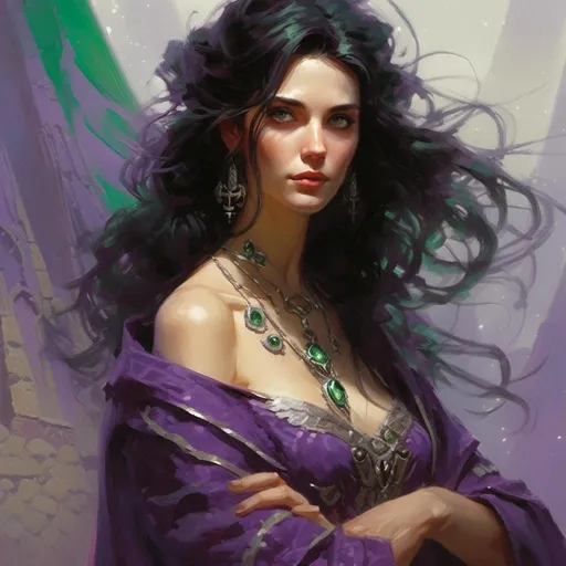 Prompt: <mymodel> Isabella, 40, is a mysterious woman with dark hair and piercing green eyes that seem to shimmer with inner light. She wears robes of purple and silver adorned with symbols of Enchantment, and her presence exudes an aura of mystery and intrigue. In the art style of Frank Frazetta.
