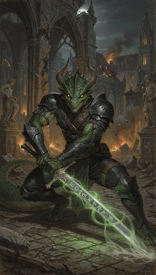 Prompt: A classic painting of a green dragonborn assassin. He wears black leather armor. He holds a poisonous green runic longsword. He crouches poised to strike. The setting is a ruined city. Dark fantasy style.