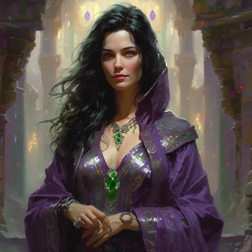 Prompt: <mymodel> Isabella, 40, is a mysterious woman with dark hair and piercing green eyes that seem to shimmer with inner light. She wears robes of purple and silver adorned with symbols of Enchantment, and her presence exudes an aura of mystery and intrigue. In the art style of Frank Frazetta.
