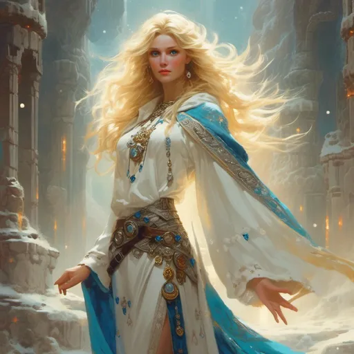 Prompt: <mymodel> Aurora is a radiant woman with golden hair 
and piercing blue eyes that seem to sparkle with inner light. She wears robes of white and silver adorned with symbols of Enchantment, and her presence exudes an aura of divine grace and purity. In the art style of Frank Frazetta.
