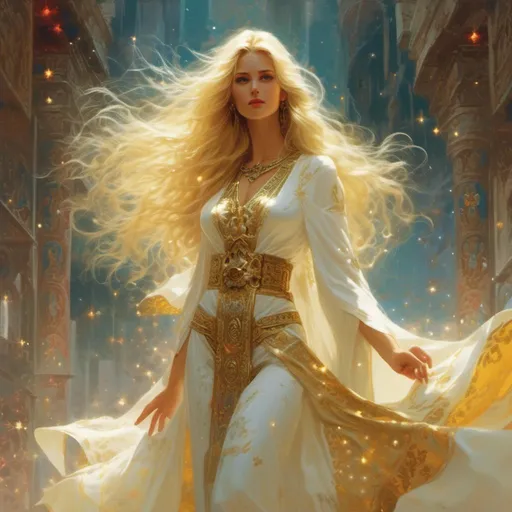 Prompt: <mymodel> Elara is a radiant woman with long, flowing blonde hair and warm, compassionate eyes that seem to glow with inner light. She wears flowing robes of white and gold adorned with symbols of Enchantment, and her presence exudes an aura of serenity and divine grace. in the art style of Frank Frazetta