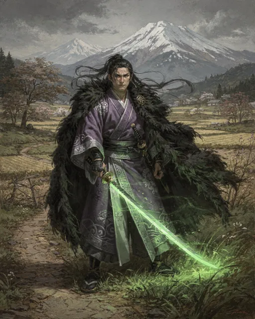 Prompt: A classic painting of a ronin. He wears nice purple and silver Japanese clothing. He wears a black fur cloak. He wields a katana that glows green. The setting is a beautiful Japanese countryside with large snowy mountains in the background. Dark fantasy style.