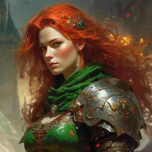 Prompt: <mymodel> Selene, 38, is a fierce woman with fiery red hair and piercing green eyes that seem to burn with inner fire. She wears armor adorned with symbols of Enchantment, and her presence exudes an aura of strength and courage.
 In the art style of Frank Frazetta.
