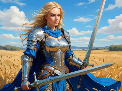 Prompt: Character design of a beautiful female knight, she wears shimmering silver armor and a blue cloak, she wields a beautiful longsword with shimmering teal colored engravings, the setting is a wheat field with clear blue skies. Oil painting, fantasy style.