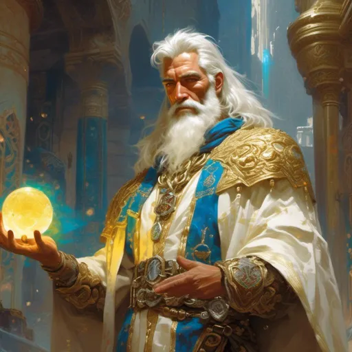 Prompt: <mymodel> Victor is a noble man with silver hair and piercing blue eyes that seem to shine with inner light. He wears robes of gold and white adorned with symbols of Enchantment, and his presence exudes an aura of divine grace and purity.in the art style of Frank Frazetta.