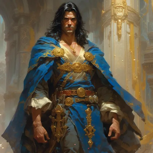 Prompt: <mymodel>Gabriel is a solemn man with dark hair and intense gray eyes that seem to pierce through the veil of darkness. He wears robes of blue and gold adorned with symbols of Enchantment, and his presence exudes an aura of inner strength and determination. in the art style of Frank Frazetta.