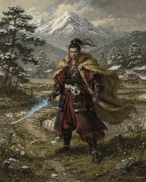 Prompt: A classic painting of a ronin. He wears nice red and black Japanese clothing. He wears a gold fur cloak. He wields a katana that glows blue. The setting is a beautiful Japanese countryside with large snowy mountains in the background. Dark fantasy style.