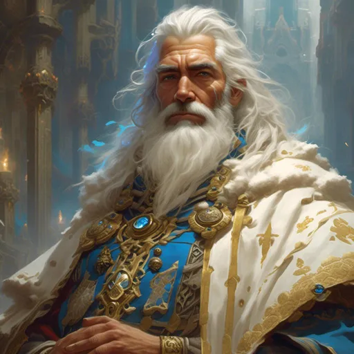 Prompt: <mymodel> Marcus, 50, is a wise and venerable cleric with silver hair and piercing blue eyes that seem to shine with inner wisdom. He wears robes of gold and white adorned with symbols of Enchantment, and his presence commands the respect and reverence of all who behold him. In the art style of Frank Frazetta.
