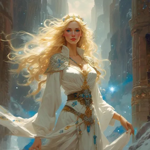 Prompt: <mymodel> Aurora is a radiant woman with golden hair 
and piercing blue eyes that seem to sparkle with inner light. She wears robes of white and silver adorned with symbols of Enchantment, and her presence exudes an aura of divine grace and purity. In the art style of Frank Frazetta.
