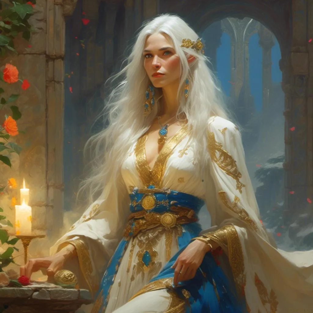 Prompt: <mymodel> Helena, 44, is a serene woman with long silver hair and piercing blue eyes that seem to shimmer with inner wisdom. She wears robes of white and gold adorned with symbols of Enchantment, and her presence exudes an aura of tranquility and peace. In the art style of Frank Frazetta.
