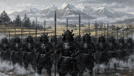 Prompt: A classic painting of a company of samurai. They wear full black armor. They wear black helmets. They hold black spears. They are in a defensive formation. The setting is a beautiful Japanese countryside with large snowy mountains in the background. Dark fantasy style.