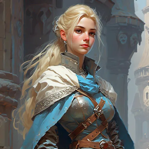 Prompt: <mymodel> Arya is a slender, diminutive, and shy cleric of Enchantment with blonde hair tied into a braid over her shoulder. She wears light blue robes and silver armor with a grey cloak draped around her. In the art style of Frank Frazetta.