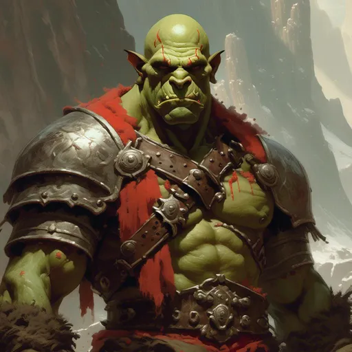 Prompt: <mymodel> A muscular orc male with a cleft chin and tusks protruding from his lower lip. He is bald and wears plate armor. He Carrie’s himself with dignity and is ready to fight to protect his friends. In the art style of Frank Frazetta.