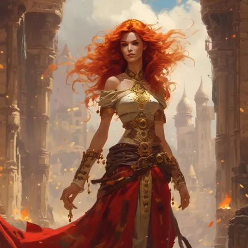 Prompt: <mymodel> Miranda is a tall and statuesque woman with fiery red hair and intense golden eyes that seem to flicker with the flames of her magic. She wears flowing robes of crimson and gold, and her hands crackle with energy. In the art style of Frank Frazetta.