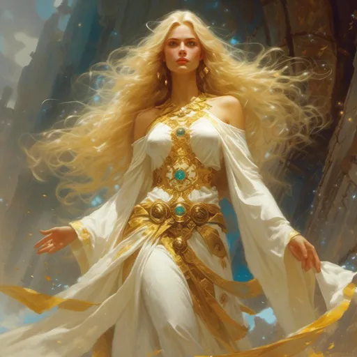 Prompt: <mymodel> Elara is a radiant woman with long, flowing blonde hair and warm, compassionate eyes that seem to glow with inner light. She wears flowing robes of white and gold adorned with symbols of Enchantment, and her presence exudes an aura of serenity and divine grace. in the art style of Frank Frazetta