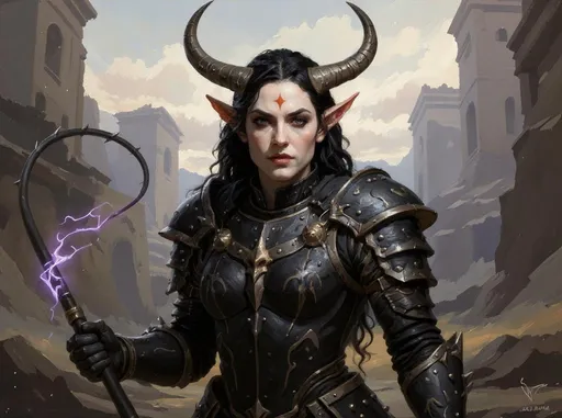 Prompt: a digital painting in a realistic fantasy style, depicting a female demon-like warrior. The subject has pale skin, sharp features, and piercing blue eyes. She has long, wavy black hair that flows past her shoulders. Prominent features include large, curved black horns on her head and pointed, elf-like ears. A small, red triangular mark is centered on her forehead. She is dressed in dark, metallic armor with intricate gold accents and spiked shoulder plates. The armor covers her chest and shoulders, and the texture of the metal is detailed and reflective. She is wielding a whip crackling with dark energy. The setting is a ruined city.
