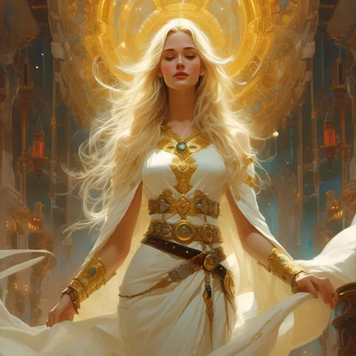 Prompt: <mymodel> Elara is a radiant woman with long, flowing blonde hair and warm, compassionate eyes that seem to glow with inner light. She wears flowing robes of white and gold adorned with symbols of Enchantment, and her presence exudes an aura of serenity and divine grace. in the art style of Frank Frazetta