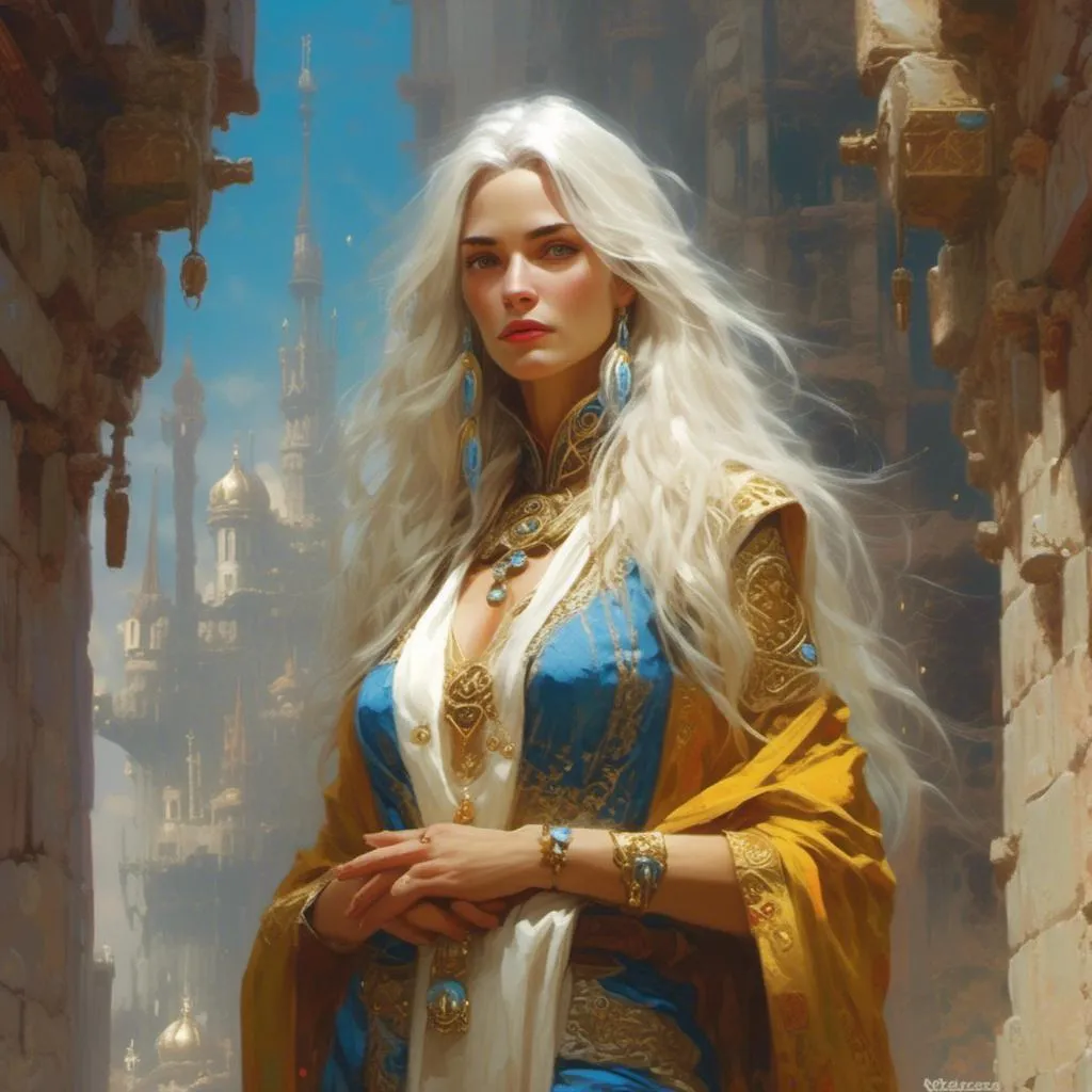 Prompt: <mymodel> Helena, 44, is a serene woman with long silver hair and piercing blue eyes that seem to shimmer with inner wisdom. She wears robes of white and gold adorned with symbols of Enchantment, and her presence exudes an aura of tranquility and peace. In the art style of Frank Frazetta.
