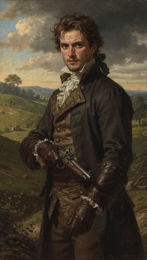 Prompt: A classic painting of a rugged, handsome man with short brown hair and stubble, and piercing brown eyes. He wears nice clothing. He holds a flintlock pistol. The setting is out in the countryside during a beautiful day.  Dark fantasy style.