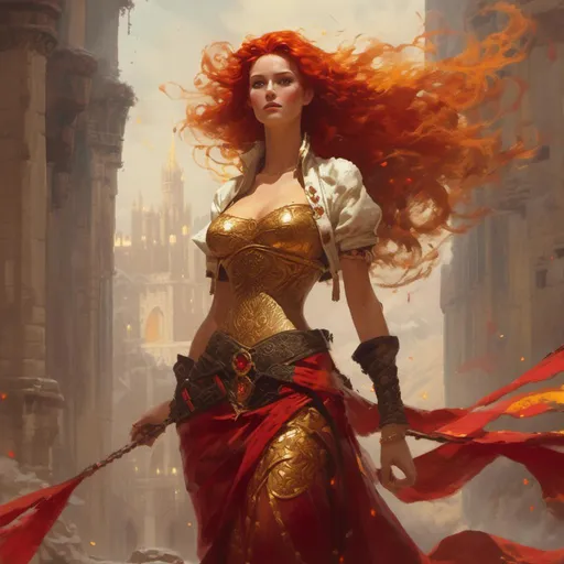 Prompt: <mymodel> Miranda is a tall and statuesque woman with fiery red hair and intense golden eyes that seem to flicker with the flames of her magic. She wears flowing robes of crimson and gold, and her hands crackle with energy. In the art style of Frank Frazetta.