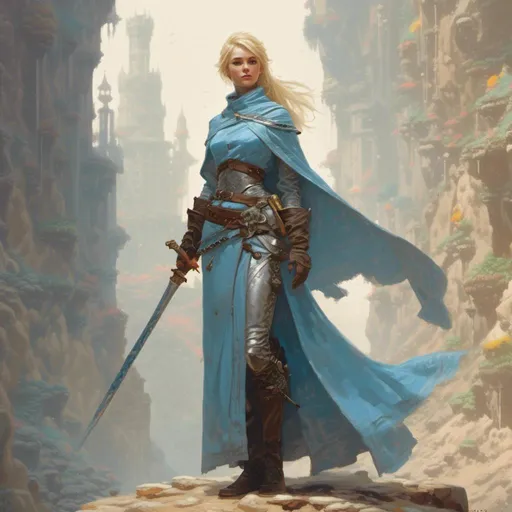 Prompt: <mymodel> Arya is a slender, diminutive, and shy cleric of Enchantment with blonde hair tied into a braid over her shoulder. She wears light blue robes and silver armor with a grey cloak draped around her. In the art style of Frank Frazetta.