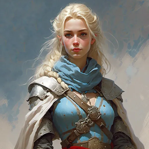 Prompt: <mymodel> Arya is a slender, diminutive, and shy cleric of Enchantment with blonde hair tied into a braid over her shoulder. She wears light blue robes and silver armor with a grey cloak draped around her. In the art style of Frank Frazetta.