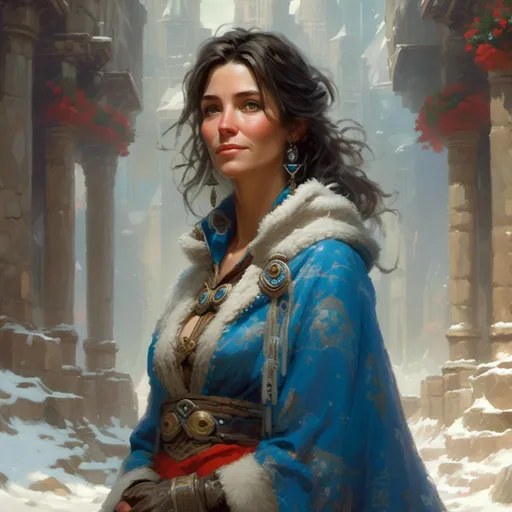 Prompt: <mymodel> Amelia, 45, is a compassionate woman with gentle features and kind, soulful eyes that seem to radiate with inner warmth. She wears robes of blue and silver adorned with symbols of Enchantment, and her presence exudes an aura of healing and tranquility. In the art style of Frank Frazetta.
