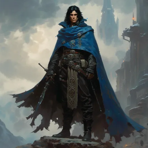 Prompt: <mymodel>  Malachi Darkbane is tall and slender, with piercing blue eyes that seem to gleam with inner darkness. His jet-black hair hangs loosely around his angular face, and he often wears dark robes adorned with arcane symbols. in the art style of Frank Frazetta.