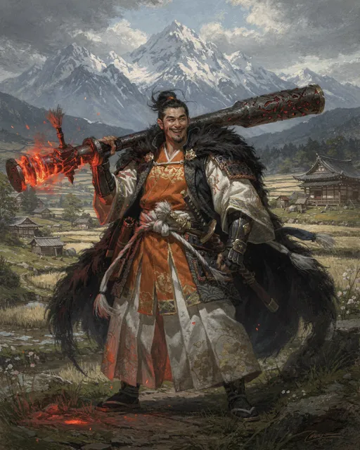 Prompt: A classic painting of a ronin. He is large and muscular and happy. He wears nice white and orange Japanese clothing. He wears a black fur cloak. He wields a large tetsubo that glows red. The setting is a beautiful Japanese countryside with large snowy mountains in the background. Dark fantasy style.