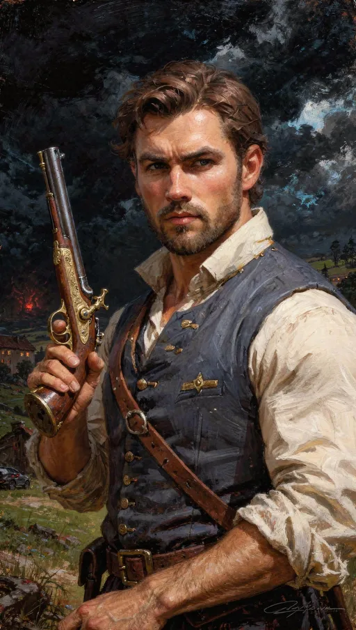 Prompt: A classic painting of a rugged, handsome man with short brown hair and stubble, and piercing brown eyes. He wears nice clothing. He holds a flintlock pistol. The setting is out in the countryside during a beautiful day.  Dark fantasy style.