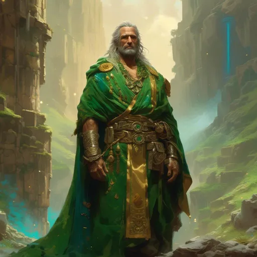 Prompt: <mymodel>Thaddeus is a rugged and stoic man with a weathered face and piercing blue eyes that seem to sparkle with inner strength. He wears robes of green and gold adorned with symbols of Enchantment, and his presence exudes an aura of resilience and determination. In the art style of Frank Frazetta.