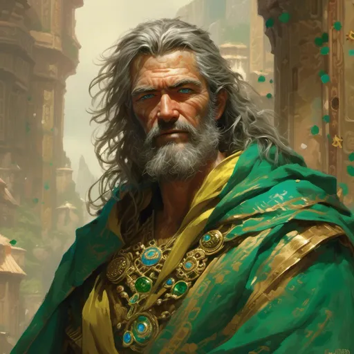 Prompt: <mymodel>Thaddeus is a rugged and stoic man with a weathered face and piercing blue eyes that seem to sparkle with inner strength. He wears robes of green and gold adorned with symbols of Enchantment, and his presence exudes an aura of resilience and determination. In the art style of Frank Frazetta.