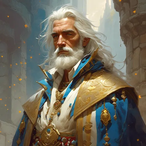 Prompt: <mymodel> Victor is a noble man with silver hair and piercing blue eyes that seem to shine with inner light. He wears robes of gold and white adorned with symbols of Enchantment, and his presence exudes an aura of divine grace and purity.in the art style of Frank Frazetta.