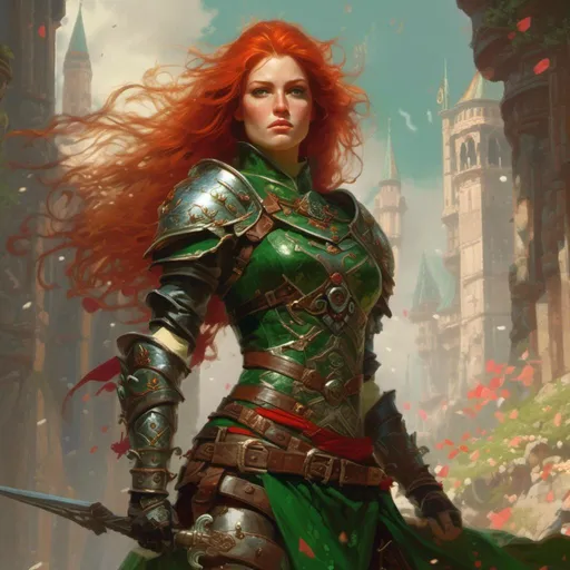 Prompt: <mymodel> Selene, 38, is a fierce woman with fiery red hair and piercing green eyes that seem to burn with inner fire. She wears armor adorned with symbols of Enchantment, and her presence exudes an aura of strength and courage.
 In the art style of Frank Frazetta.
