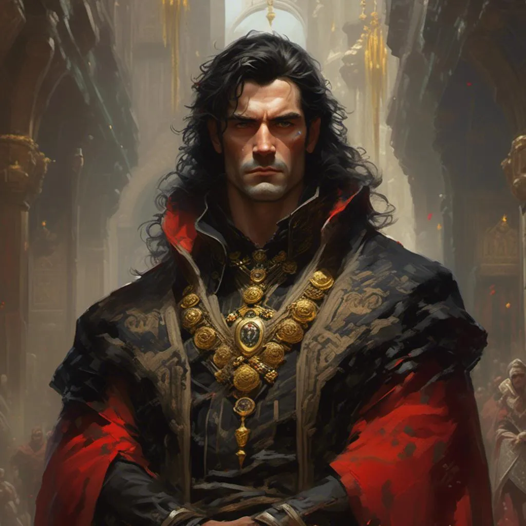 Prompt: <mymodel> Elias is a stern and imposing man with dark hair and piercing gray eyes that seem to crackle with inner power. He wears robes of black and gold adorned with symbols of Enchantment, and his presence exudes an aura of authority and command. In the art style of Frank Frazetta.