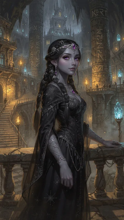 Prompt: A classic painting of a beautiful young dwarf princess. She has dark grey skin and glowing violet eyes. She has long, braided black hair. She wears an elegant black dress with star motifs. The setting is an underground city.