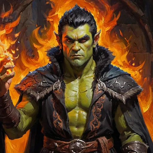Prompt: Character design , half-orc magus, (burned, buff), (black) hair, (fur) cloak, 13th century dueling clothes, vibrant colors, (high detail), (4K quality).