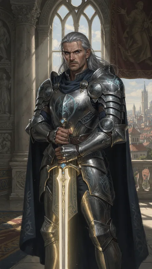 Prompt: A classic painting of a tall, imposing figure with a chiseled face, deep-set blue eyes, and silver hair that flows past his shoulders. His stern expression and strong jawline convey authority and wisdom. He wears a resplendent silver-and-blue armor, engraved with intricate runes that shimmer faintly with magic. A flowing azure cape with the symbol of the Order hangs from his shoulders, and he holds his enchanted blade, as it glows softly with divine light. The setting is a palace chamber overlooking a large city during the day.  Dark fantasy style.