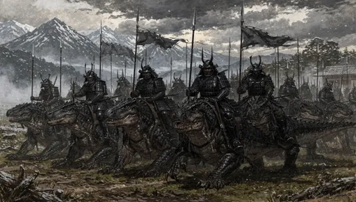 Prompt: A classic painting of a company of mounted samurai. They ride atop large lizards. They wear full black armor. They wear black helmets. They hold black lances. They are in a defensive formation. The setting is a beautiful Japanese countryside with large snowy mountains in the background. Dark fantasy style.