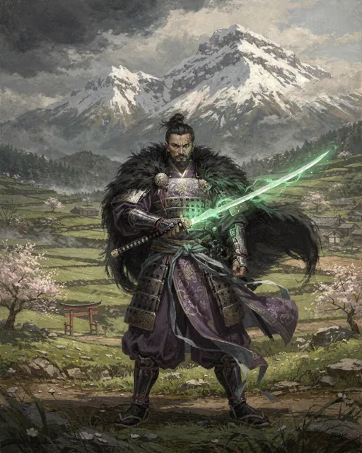 Prompt: A classic painting of a ronin. He wears nice purple and silver Japanese clothing. He wears a black fur cloak. He wields a katana that glows green. The setting is a beautiful Japanese countryside with large snowy mountains in the background. Dark fantasy style.