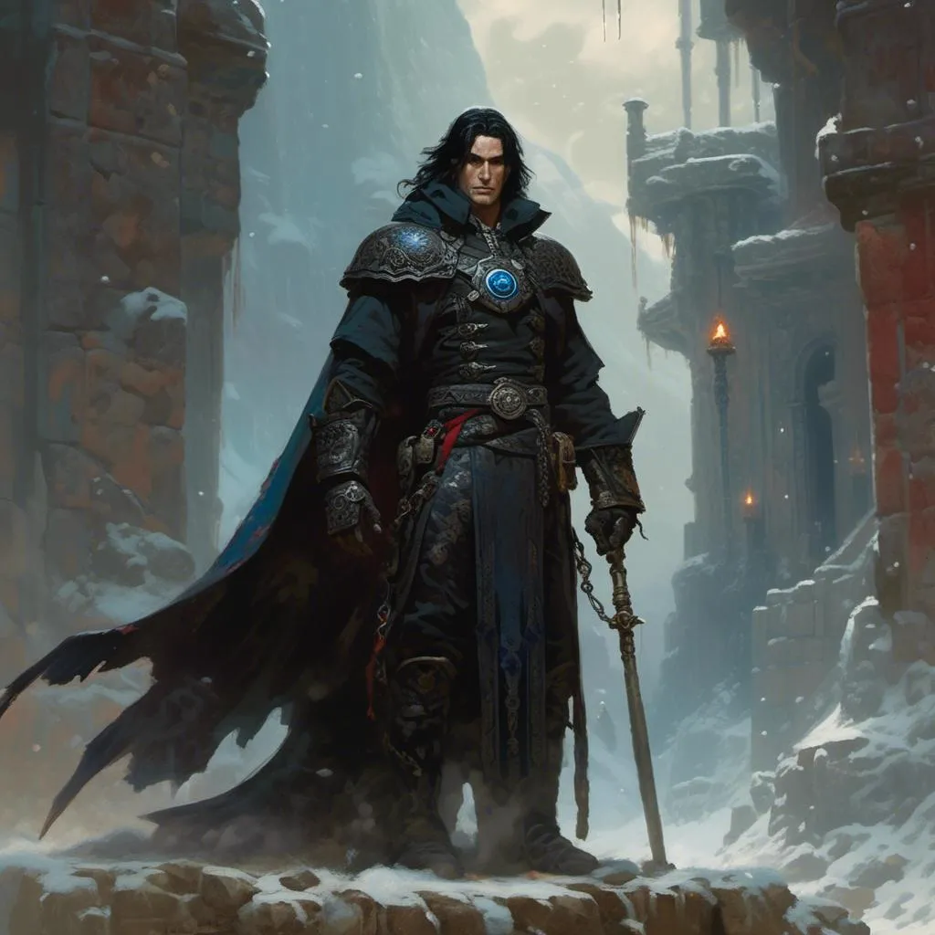 Prompt: <mymodel>  Malachi Darkbane is tall and slender, with piercing blue eyes that seem to gleam with inner darkness. His jet-black hair hangs loosely around his angular face, and he often wears dark robes adorned with arcane symbols. in the art style of Frank Frazetta.