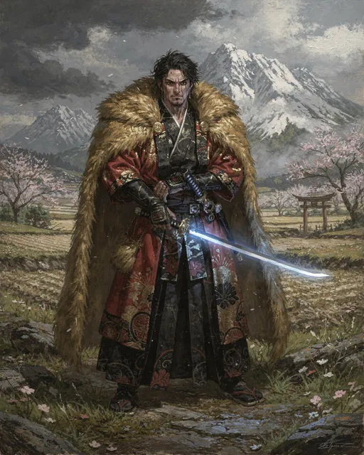 Prompt: A classic painting of a ronin. He wears nice red and black Japanese clothing. He wears a gold fur cloak. He wields a katana that glows blue. The setting is a beautiful Japanese countryside with large snowy mountains in the background. Dark fantasy style.