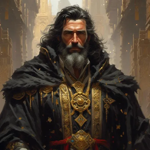 Prompt: <mymodel> Elias is a stern and imposing man with dark hair and piercing gray eyes that seem to crackle with inner power. He wears robes of black and gold adorned with symbols of Enchantment, and his presence exudes an aura of authority and command. In the art style of Frank Frazetta.