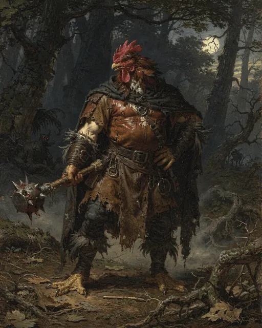 Prompt: A classic painting a buff rooster warrior. He wears traveling clothes. He holds a war mace. The setting is a dark forest. Dark fantasy style.
